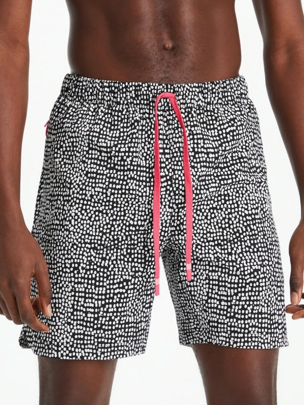 Fabletics Men's Black & White Printed Swim Shorts with Pink Drawstring